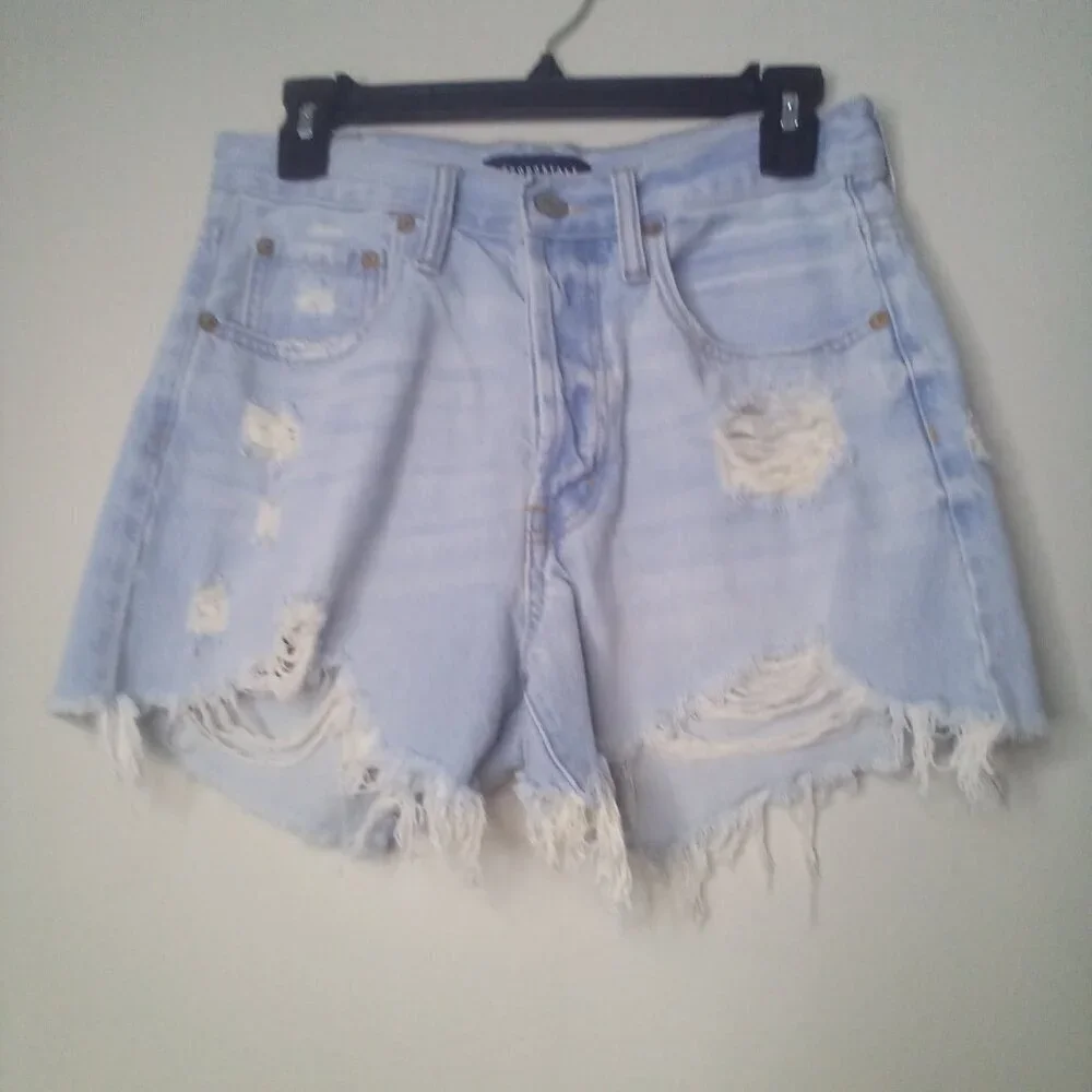 Aeropostale Shorts 6 Women High Rise Cut-Off Button Fly Distressed Raw Hem Blue